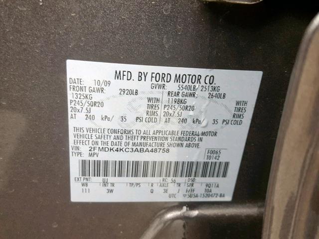 2FMDK4KC3ABA48758 - 2010 FORD EDGE LIMIT SILVER photo 10