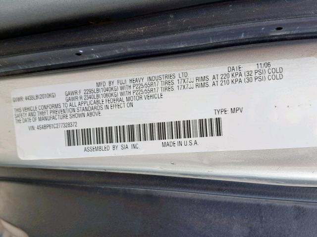 4S4BP61C277328372 - 2007 SUBARU LEGACY OUT SILVER photo 10