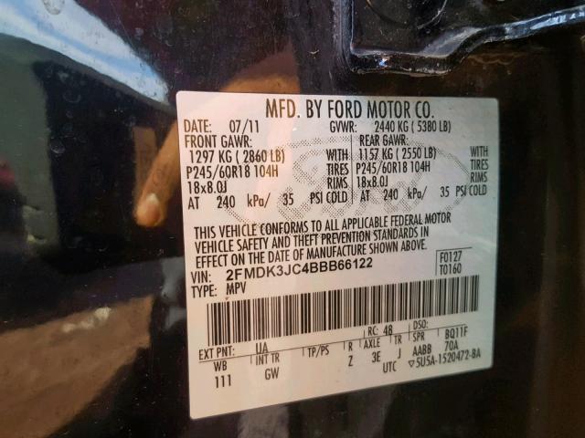 2FMDK3JC4BBB66122 - 2011 FORD EDGE SEL BLACK photo 10