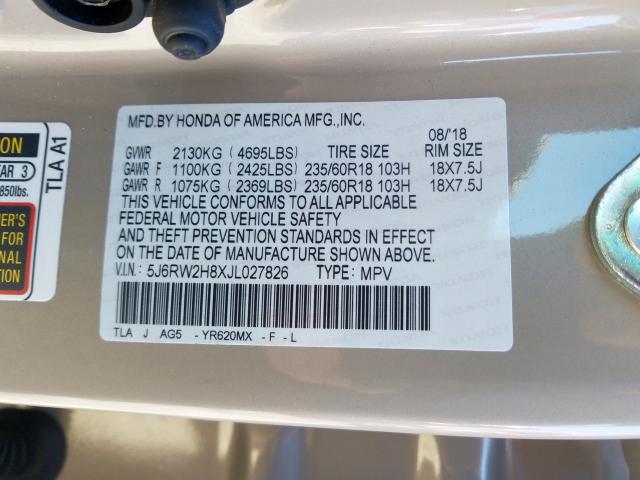 5J6RW2H8XJL027826 - 2018 HONDA CR-V EXL  photo 10