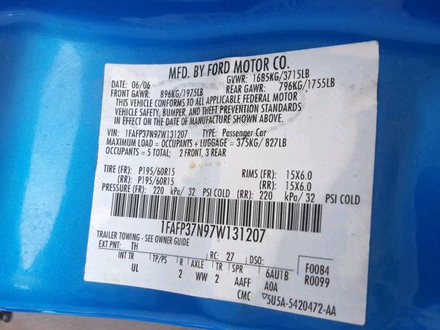 1FAFP37N97W131207 - 2007 FORD FOCUS ZX5 BLUE photo 10