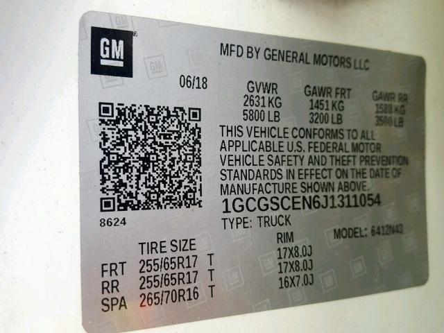 1GCGSCEN6J1311054 - 2018 CHEVROLET COLORADO L WHITE photo 10