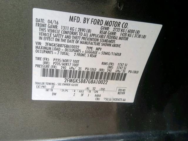 2FMGK5B87GBA10022 - 2016 FORD FLEX SE BLACK photo 10