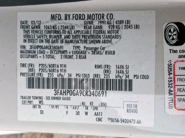 3FAHP0GA9CR340691 - 2012 FORD FUSION S WHITE photo 10