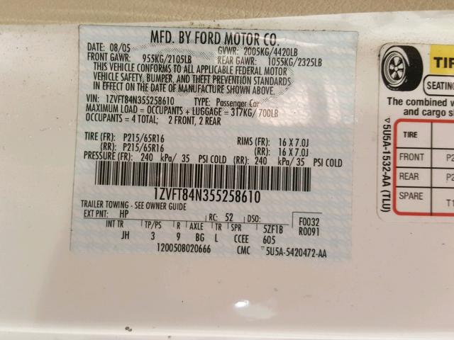 1ZVFT84N355258610 - 2005 FORD MUSTANG WHITE photo 10