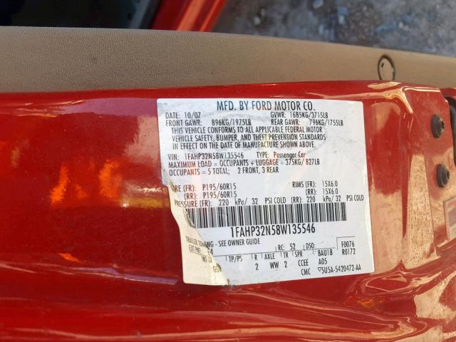 1FAHP32N58W135546 - 2008 FORD FOCUS S/SE RED photo 10