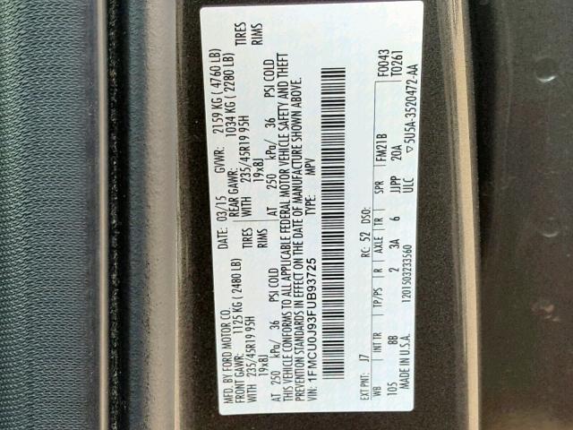 1FMCU0J93FUB93725 - 2015 FORD ESCAPE TIT GRAY photo 10