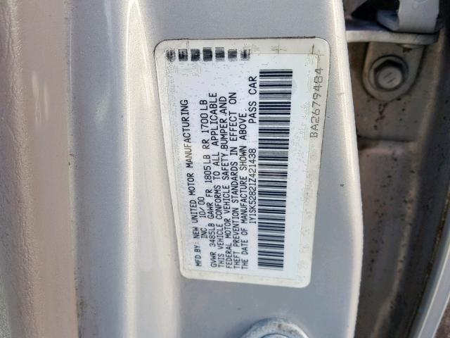 1Y1SK52821Z421438 - 2001 CHEVROLET GEO PRIZM GRAY photo 10