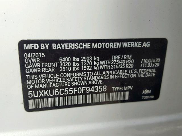 5UXKU6C55F0F94358 - 2015 BMW X6 XDRIVE5 WHITE photo 10