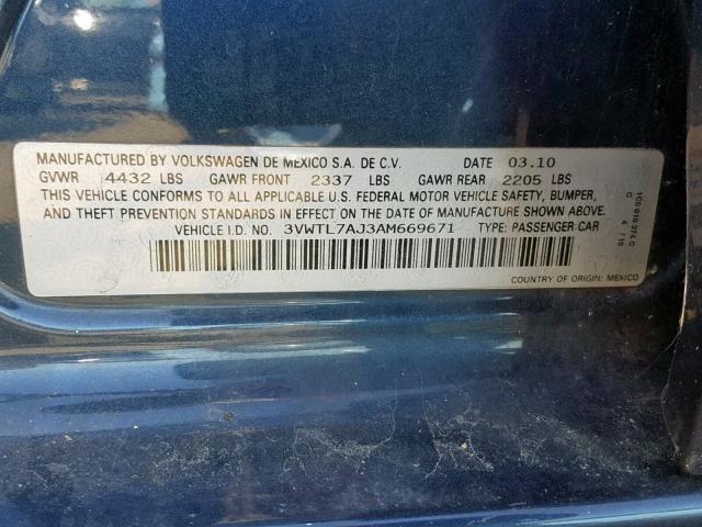 3VWTL7AJ3AM669671 - 2010 VOLKSWAGEN JETTA TDI BLUE photo 10