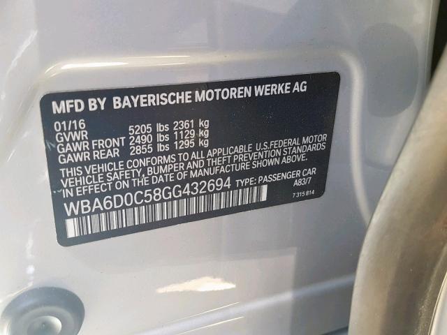 WBA6D0C58GG432694 - 2016 BMW 640 I SILVER photo 10