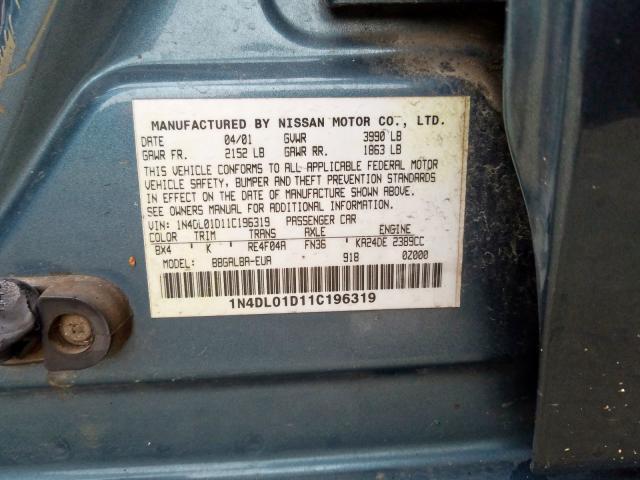 1N4DL01D11C196319 - 2001 NISSAN ALTIMA XE  photo 10