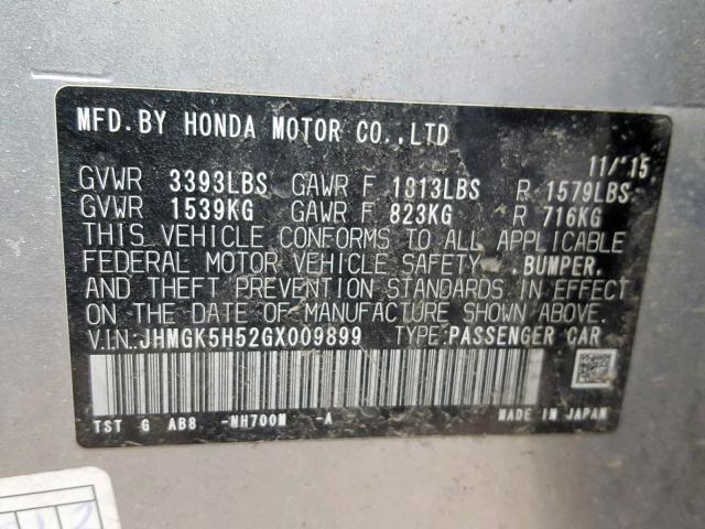 JHMGK5H52GX009899 - 2016 HONDA FIT LX SILVER photo 10