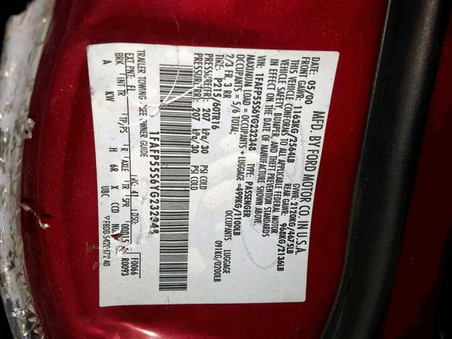 1FAFP55S6YG232348 - 2000 FORD TAURUS SES RED photo 10
