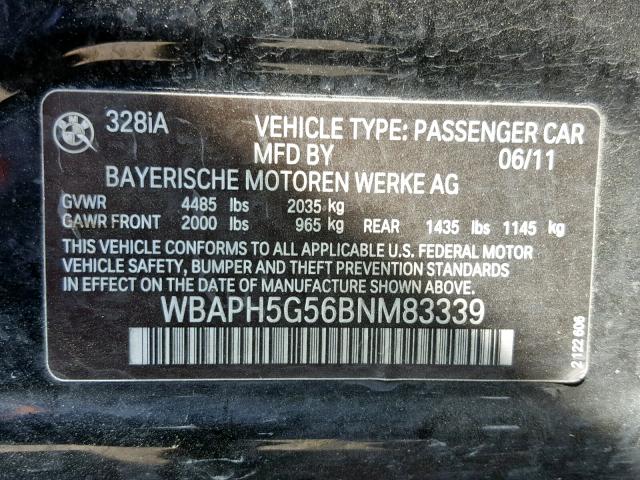 WBAPH5G56BNM83339 - 2011 BMW 328 I SULE BLACK photo 10