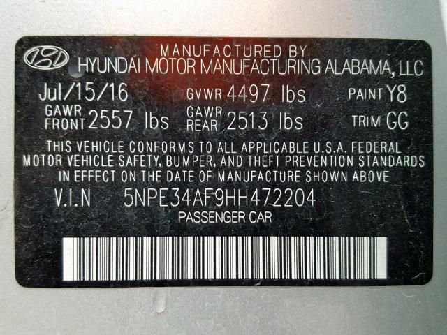 5NPE34AF9HH472204 - 2017 HYUNDAI SONATA SPO SILVER photo 10