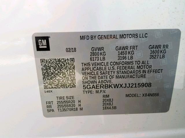 5GAERBKWXJJ215908 - 2018 BUICK ENCLAVE ES WHITE photo 10