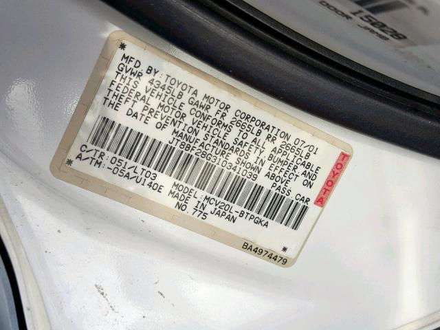 JT8BF28G310341039 - 2001 LEXUS ES 300 WHITE photo 10