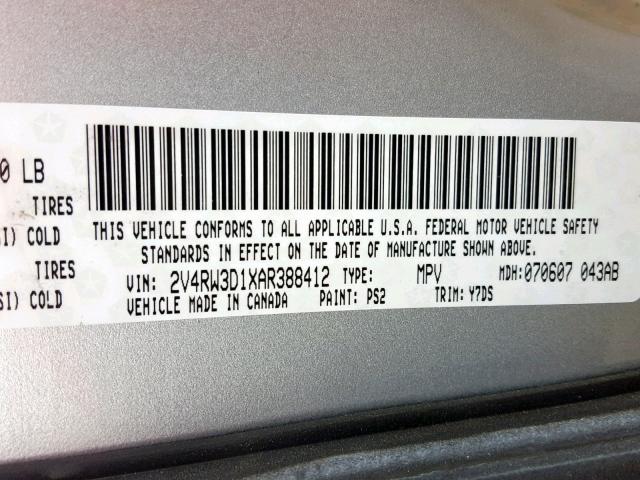 2V4RW3D1XAR388412 - 2010 VOLKSWAGEN ROUTAN SE SILVER photo 10