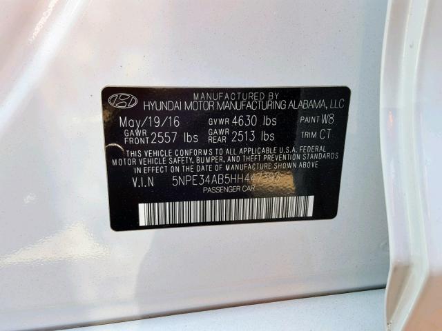 5NPE34AB5HH447393 - 2017 HYUNDAI SONATA SPO WHITE photo 10