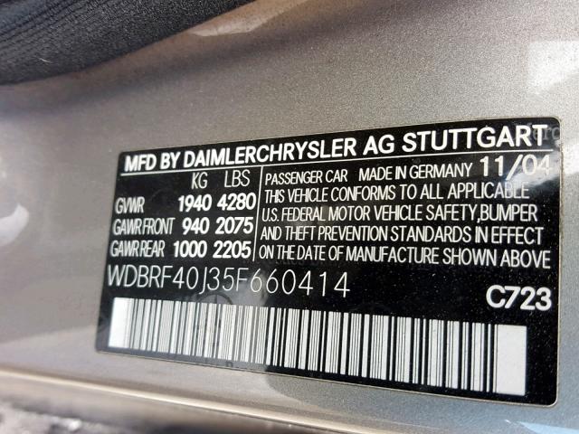 WDBRF40J35F660414 - 2005 MERCEDES-BENZ C 230K SPO SILVER photo 10