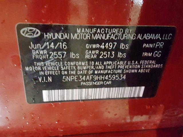 5NPE34AF9HH459534 - 2017 HYUNDAI SONATA SPO BURGUNDY photo 10