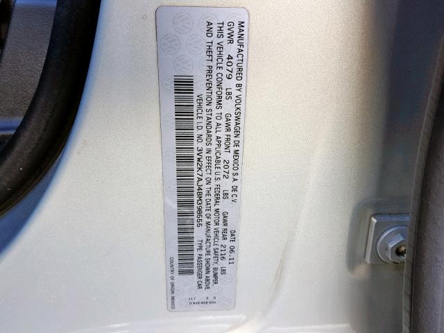 3VW2K7AJ4BM398555 - 2011 VOLKSWAGEN JETTA BASE SILVER photo 10