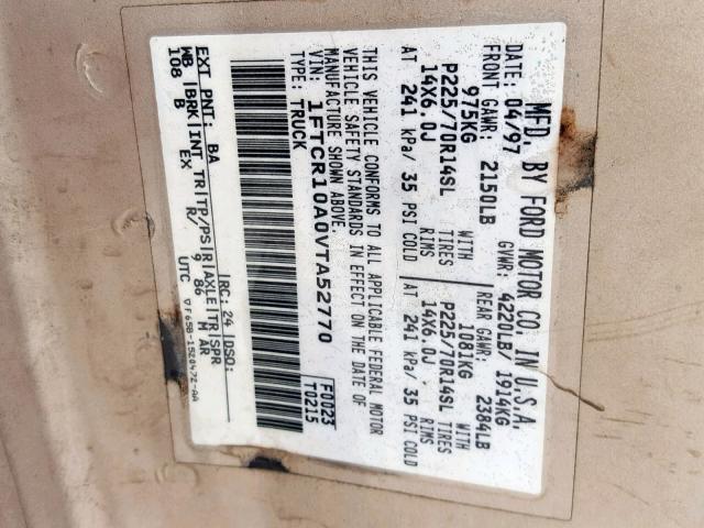 1FTCR10A0VTA52770 - 1997 FORD RANGER GOLD photo 10