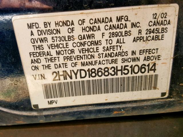 2HNYD18683H510614 - 2003 ACURA MDX TOURIN BLUE photo 10