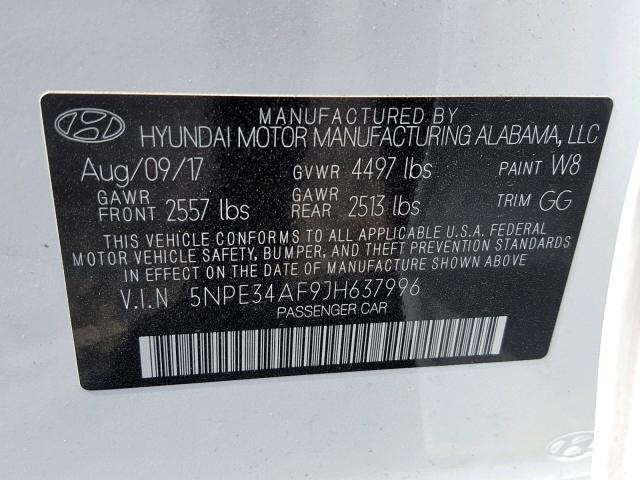 5NPE34AF9JH637996 - 2018 HYUNDAI SONATA SPO WHITE photo 10