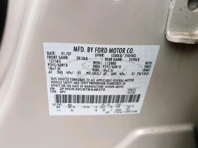 2FMDK39C87BA48375 - 2007 FORD EDGE SEL P WHITE photo 10