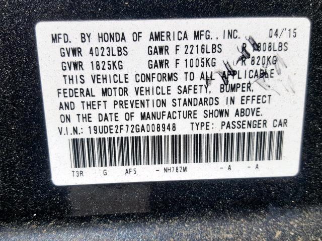 19UDE2F72GA008948 - 2016 ACURA ILX PREMIU GRAY photo 10