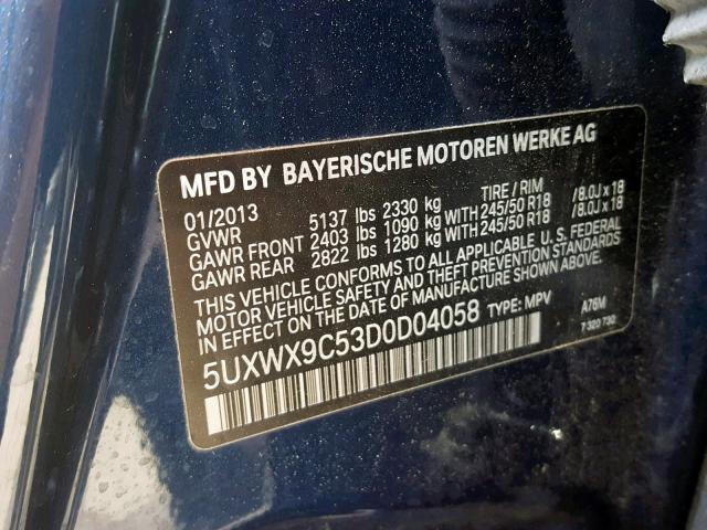 5UXWX9C53D0D04058 - 2013 BMW X3 XDRIVE2 BLUE photo 10