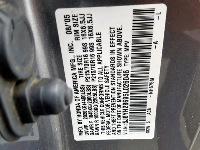 5J6YH28695L026046 - 2005 HONDA ELEMENT EX GRAY photo 10