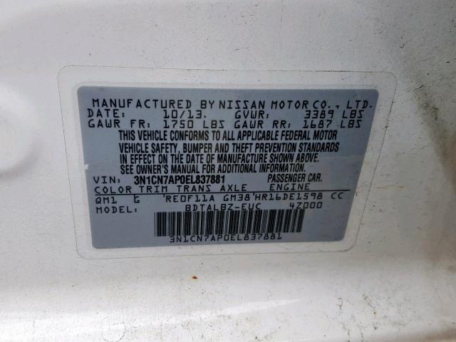 3N1CN7AP0EL837881 - 2014 NISSAN VERSA S WHITE photo 10