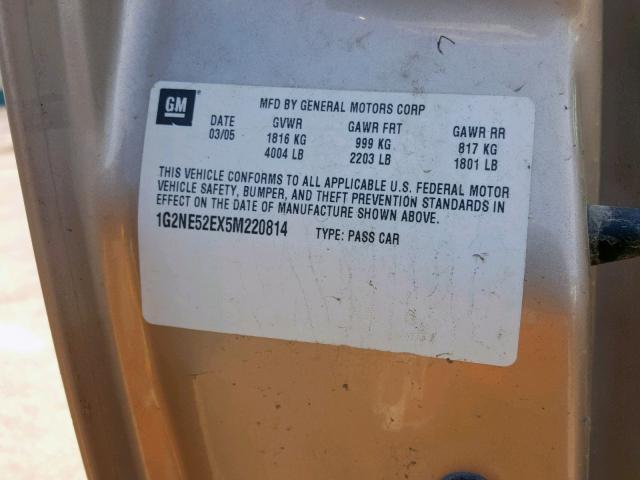 1G2NE52EX5M220814 - 2005 PONTIAC GRAND AM S GOLD photo 10