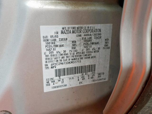4F2CZ96133KM51715 - 2003 MAZDA TRIBUTE ES 银色 照片 10