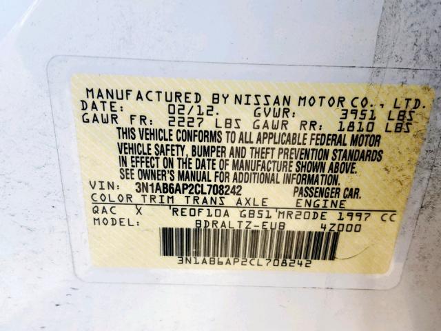 3N1AB6AP2CL708242 - 2012 NISSAN SENTRA 2.0 WHITE photo 10