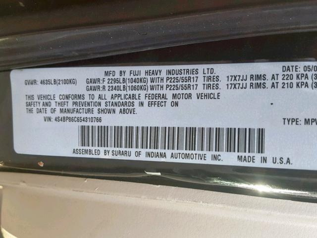 4S4BP86C654310766 - 2005 SUBARU LEGACY OUT BLACK photo 10