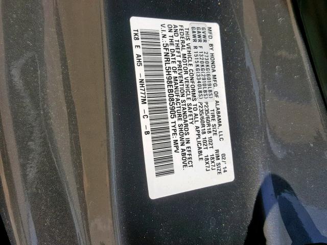 5FNRL5H98EB085905 - 2014 HONDA ODYSSEY TO GRAY photo 10