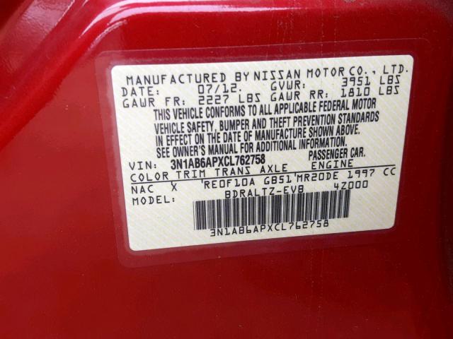 3N1AB6APXCL762758 - 2012 NISSAN SENTRA 2.0 RED photo 10