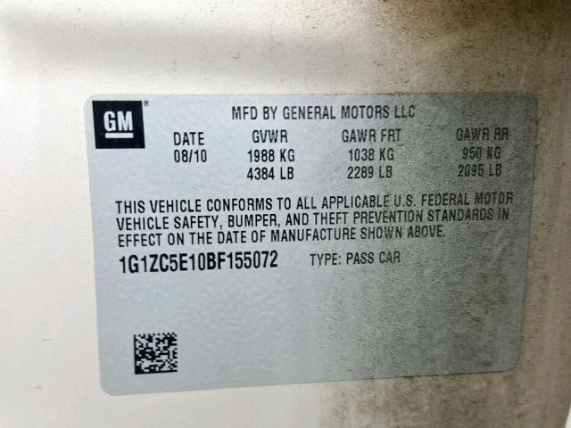 1G1ZC5E10BF155072 - 2011 CHEVROLET MALIBU 1LT 金色 照片 10