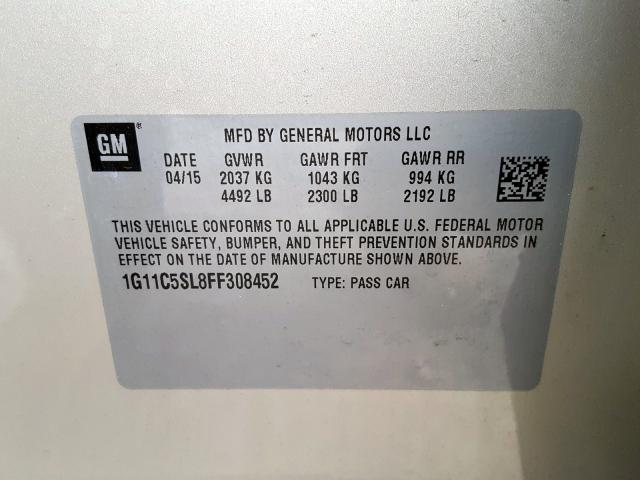 1G11C5SL8FF308452 - 2015 CHEVROLET MALIBU 1LT  照片 10