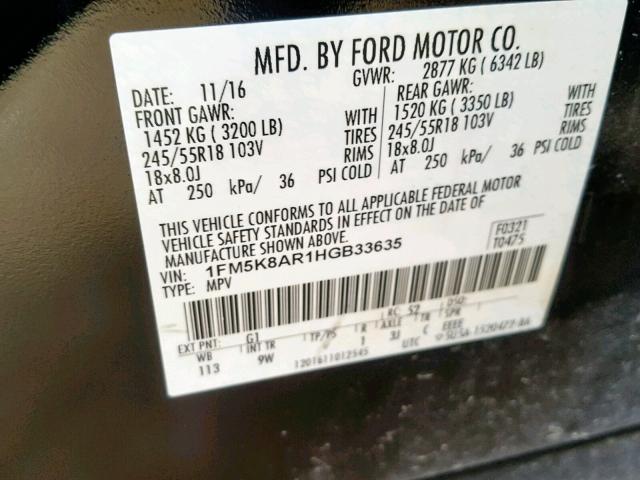 1FM5K8AR1HGB33635 - 2017 FORD EXPLORER P WHITE photo 10