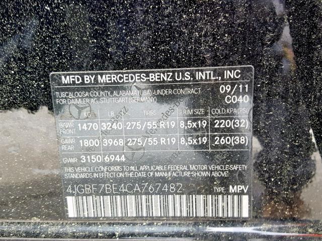 4JGBF7BE4CA767482 - 2012 MERCEDES-BENZ GL 450 4MA BLACK photo 10