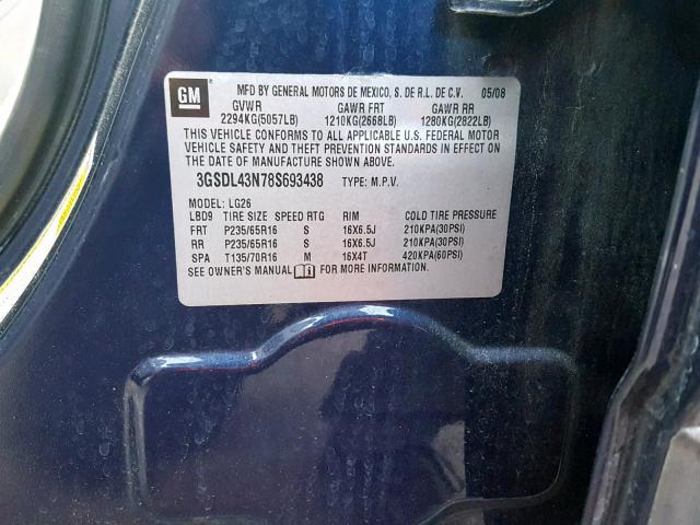 3GSDL43N78S693438 - 2008 SATURN VUE XE BLUE photo 10