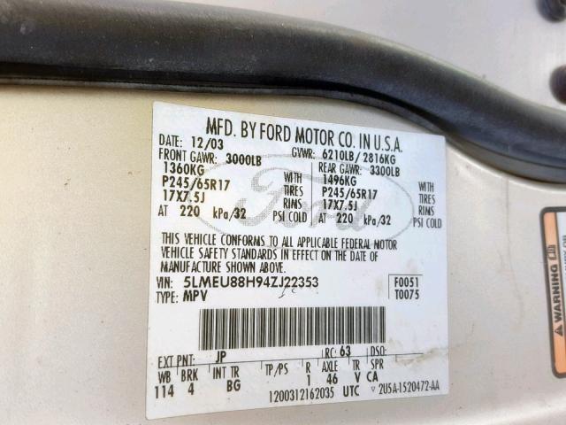 5LMEU88H94ZJ22353 - 2004 LINCOLN AVIATOR 银色 照片 10