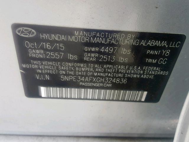 5NPE34AFXGH324836 - 2016 HYUNDAI SONATA SPO GRAY photo 10