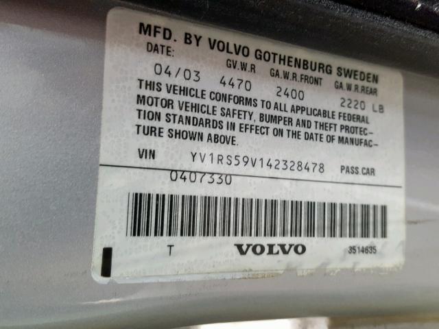 YV1RS59V142328478 - 2004 VOLVO S60 2.5T SILVER photo 10