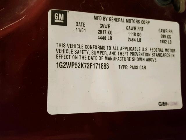 1G2WP52K72F171883 - 2002 PONTIAC GRAND PRIX MAROON photo 10